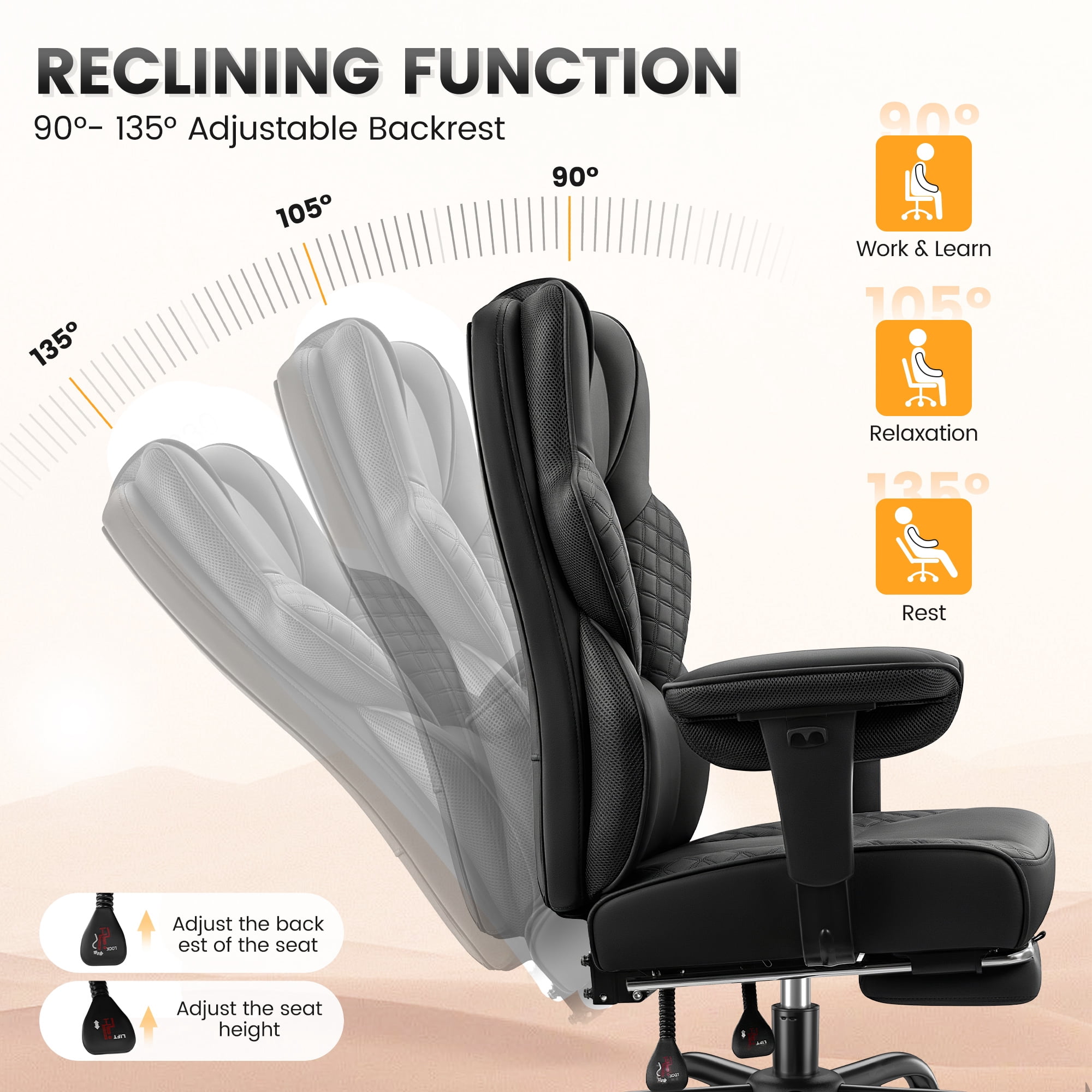 COOLHUT Big and Tall Office Chair 500lbs, Heavy Duty Ergonomic Office Desk Chair with Deluxe Embossing PU Leather with Footrest, Executive Gaming Chair with Lumbar Support, Black