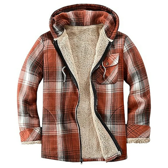 STETMN Women's Hood Plaid Shacket Warm Fleece Lined Jacket Zip Up Long Sleeve Coat