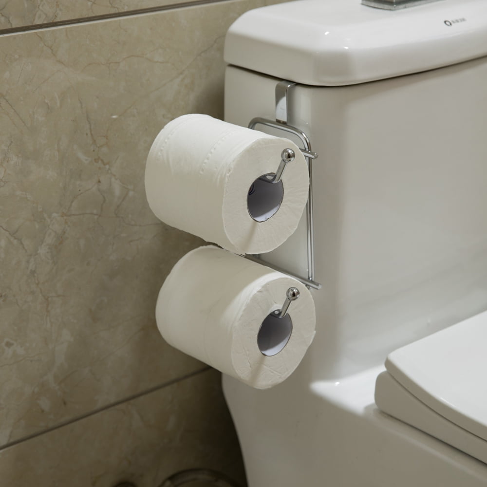 Basicwise Over-the-Side Tank Double Toilet Paper Holder Compact Modern Bathroom Organizer Practical Storage Rack for Extra Rolls