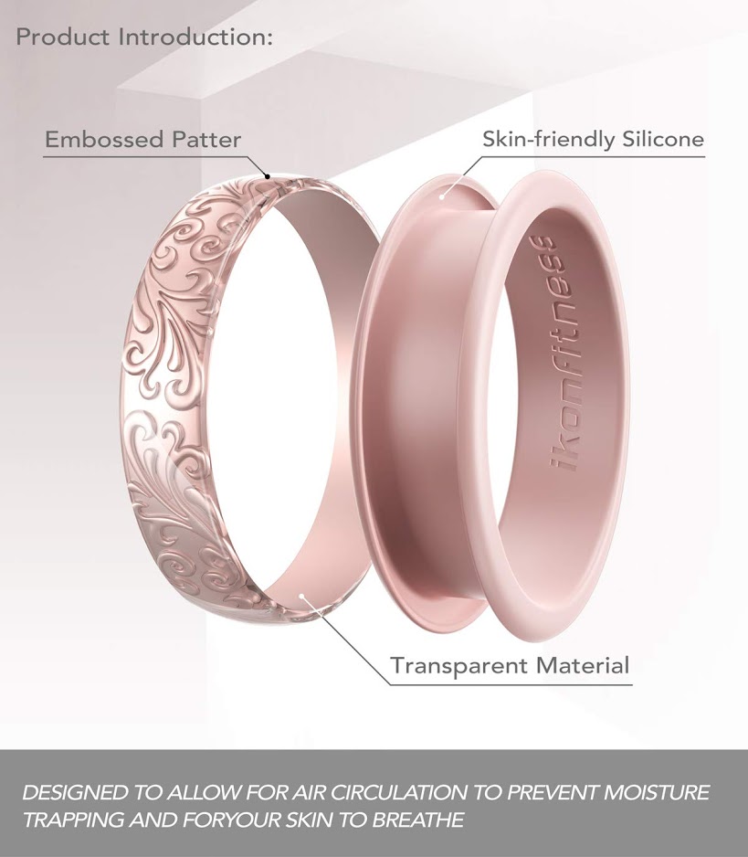 6.5 mm Wide 2 Pack in Metal Box Two Piece Rubber Wedding Ring with Unique 3D Sculptured Flower Pattern Ikonfitness Silicone Wedding Ring