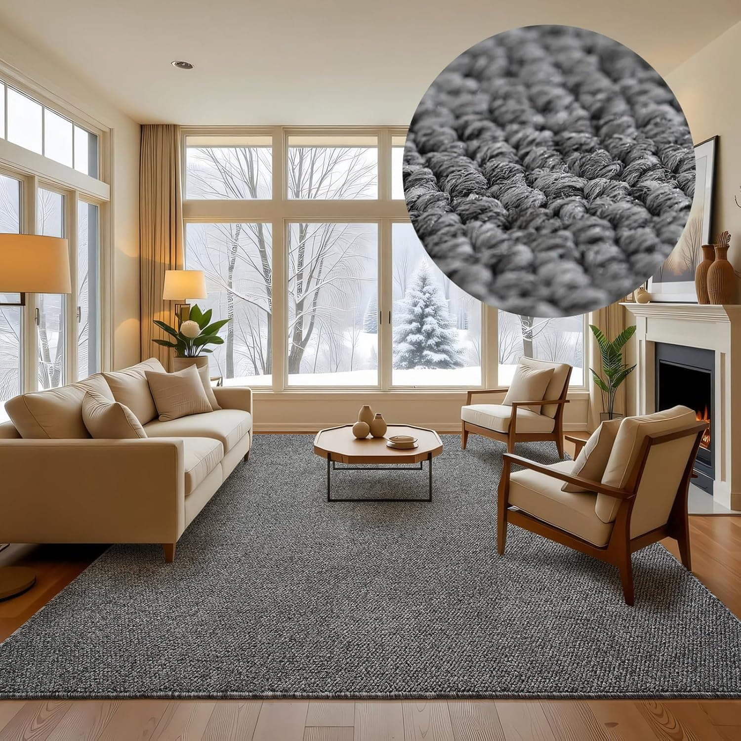 5x7 feet Faux Jute Area Rug, Washable Non-Slip Gray Farmhouse Carpet for Living Room, Bedroom, Dining Room, Hallway, Office & Entryway