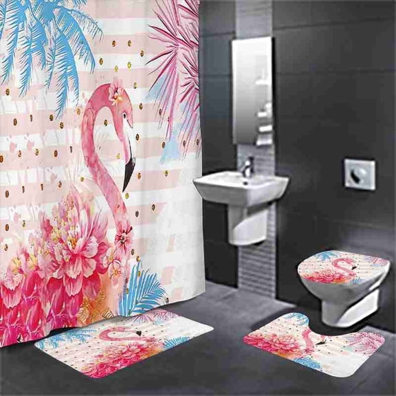 Pink Flamingo and Tropical Floral Leaves 4-Piece Shower Curtain Set with Bath Mats and Toilet Lid Cover for Bathroom Decor