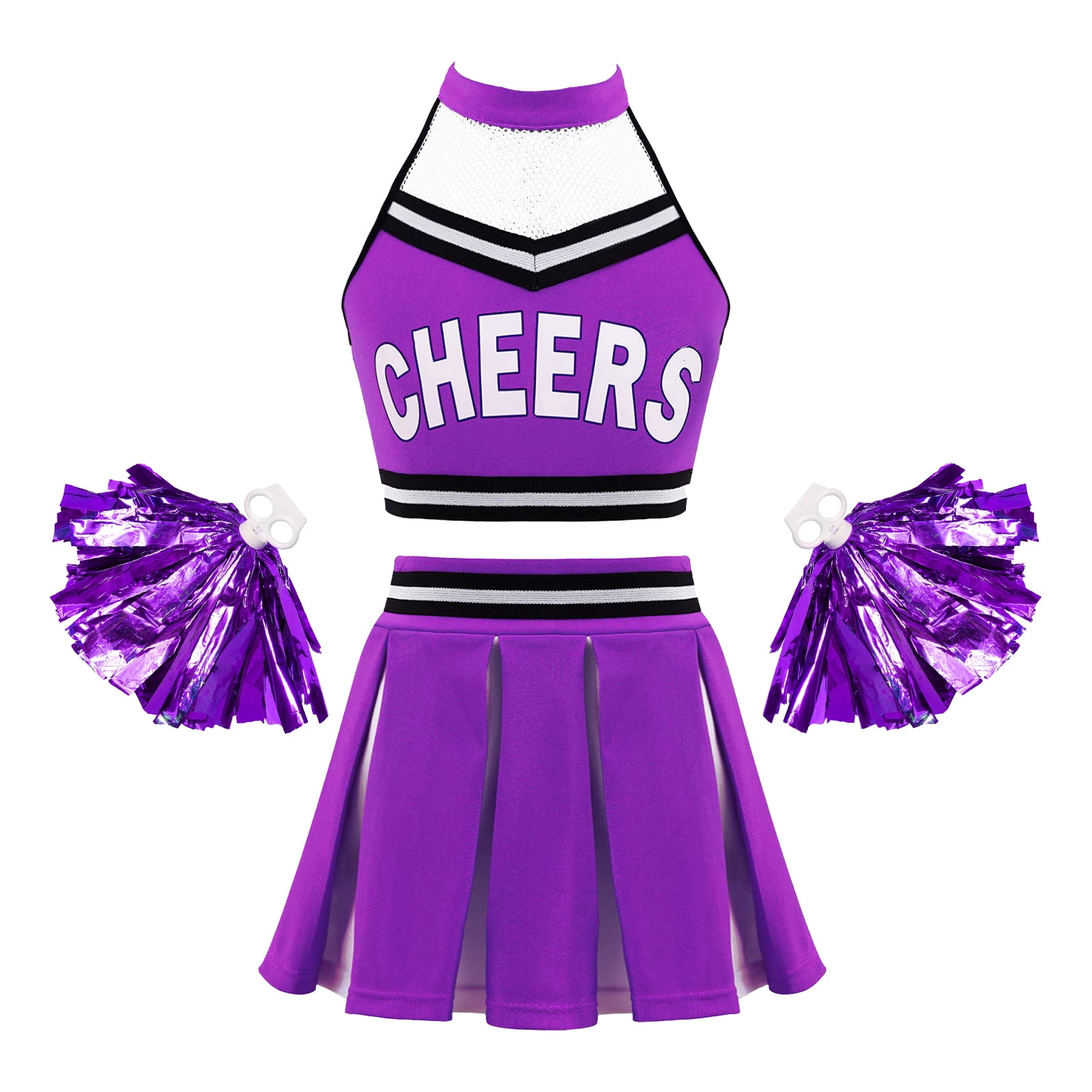 DPOIS Girls Cheerleading Uniform Costume Crop Top Pleated Skirt Pom ...