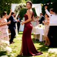 thumbnail image 4 of RFQWOVSR Womens Satin Side Slit Maxi Dress Bodycon Elegant Evening Formal Gown L, 4 of 5