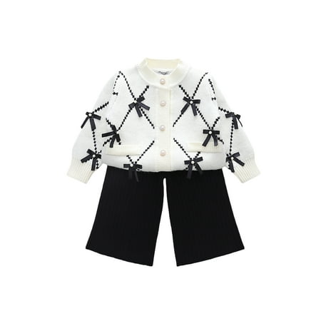 

Peyakidsaa Kid Baby Girls Pants Suit Long Sleeve Round Neck Knitting Buttons Tops + Casual Bell-Bottomed Pants