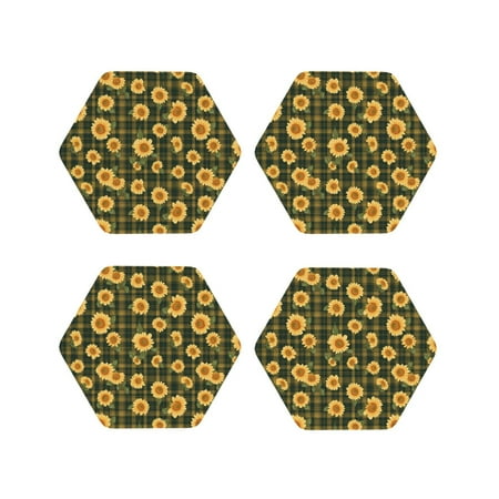

Fuzoiu Black Ink Green Plaid Sunflower Print Leather Coasters Set Drink Coasters Set of 4 for Tabletop Protection Durable PVC Coasters Home Décor and Housewarming Gift-Hexagon