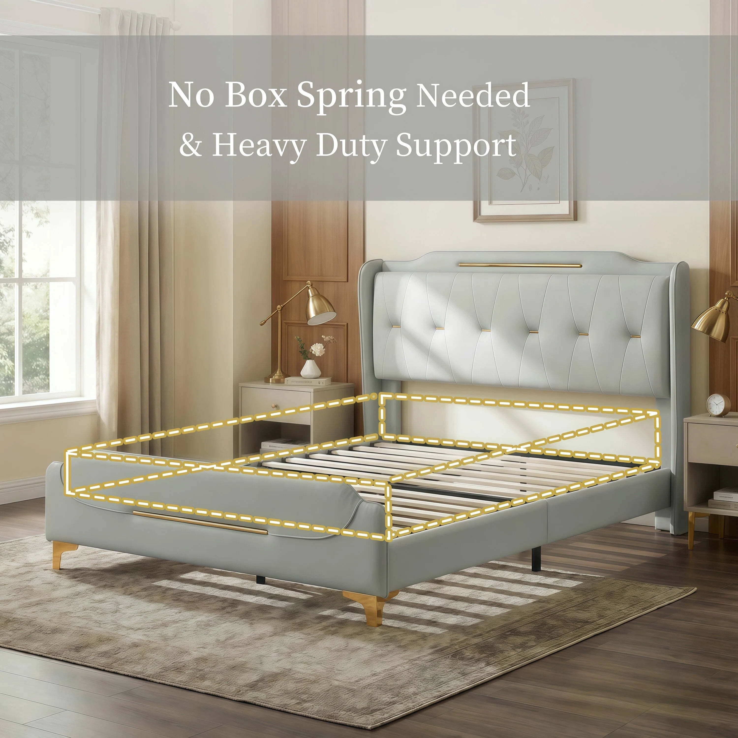 FFZ Modern PU Leather Upholstered Queen Platform Bed Frame with Wingback Headboard, Grey