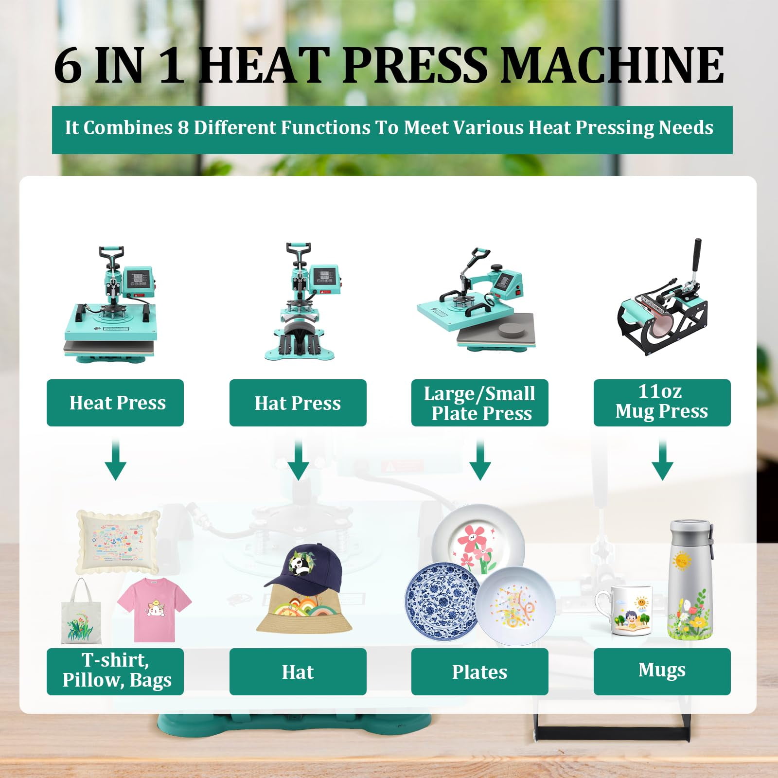 8 in 1 Heat Press Machine 360° Swing Away Digital Shirt Printing Machine Multifunction Heat Transfer Sublimation Combo Heat Press for T-Shirt Cap Mug Plate Pillow Bag
