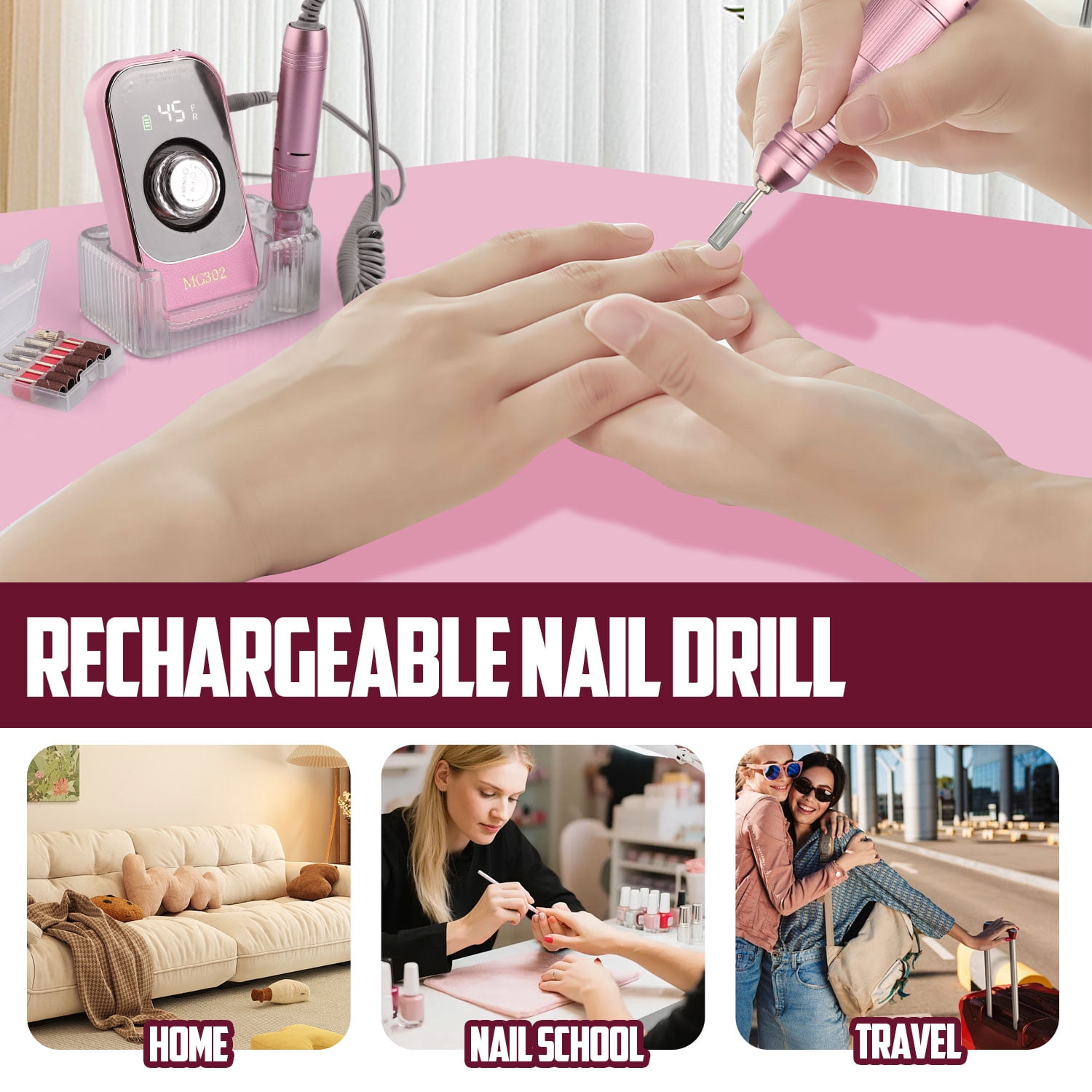 ASKITO 45000RPM Portable Nail Drill Electric File, Cordless Nail Drill with Bits & Base, Professional Rechargeable Nail E File Machine for Shaping, Removing & Polishing Gel Nails, Pink