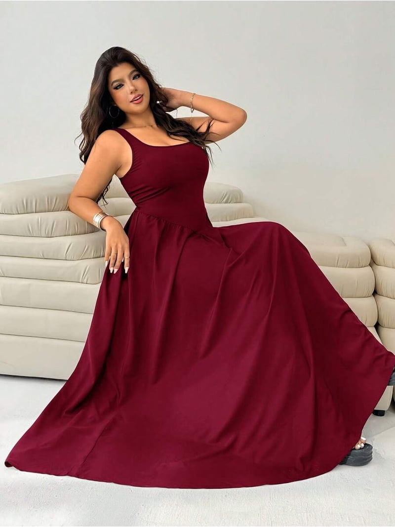 burgundy plus size maxi dress /// Burgundy Plus Size Sleeveless Square Neck A-Line Maxi Dress For Women Summer Long Dress, Women's, Size: 2XL, Red