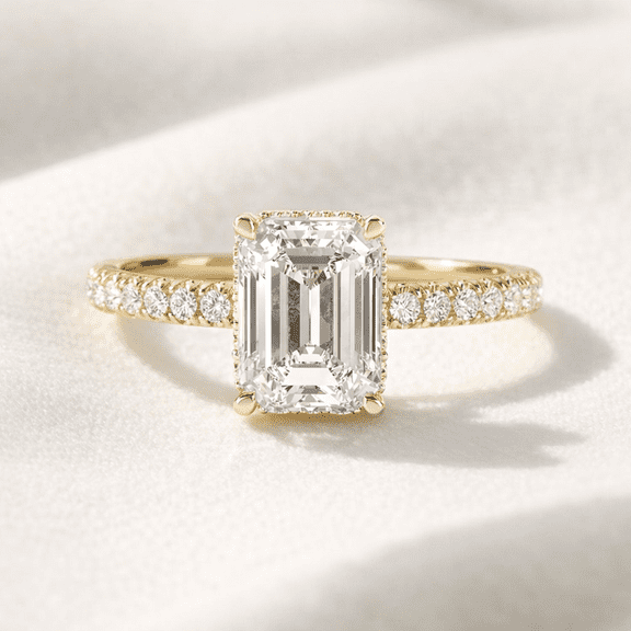 Jewelerix Emerald Cut Moissanite Engagement Ring, 14K Vermeil Yellow Gold Pave Band, Hidden Halo and Side Stones, Anniversary Gift