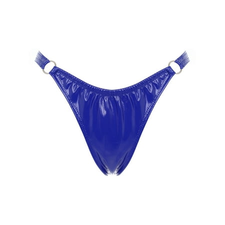 Zaldita Women s Shiny Metallic Low Rise G-String Thong Latex O-ring Micro Panties Briefs Clubwear Blue L