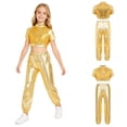 thumbnail image 6 of Aiihoo Kids Modern Jazz Dance Party Sets Girls Short Sleeve Metallic Shiny T-shirt Crop Tops with Pants Outfits Gold 6, 6 of 6