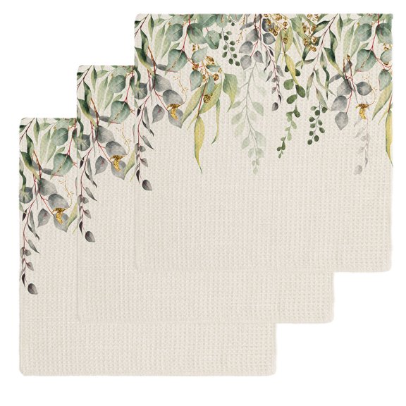 Eucalyptus Leaves Kitchen Dish Towels for Drying Dishes Set of 3, Green Summer Botanical Rustic Waffle Weave Microfiber Hand Tea Bathroom Towels Quick Dry & Absorbent Towel 12x12