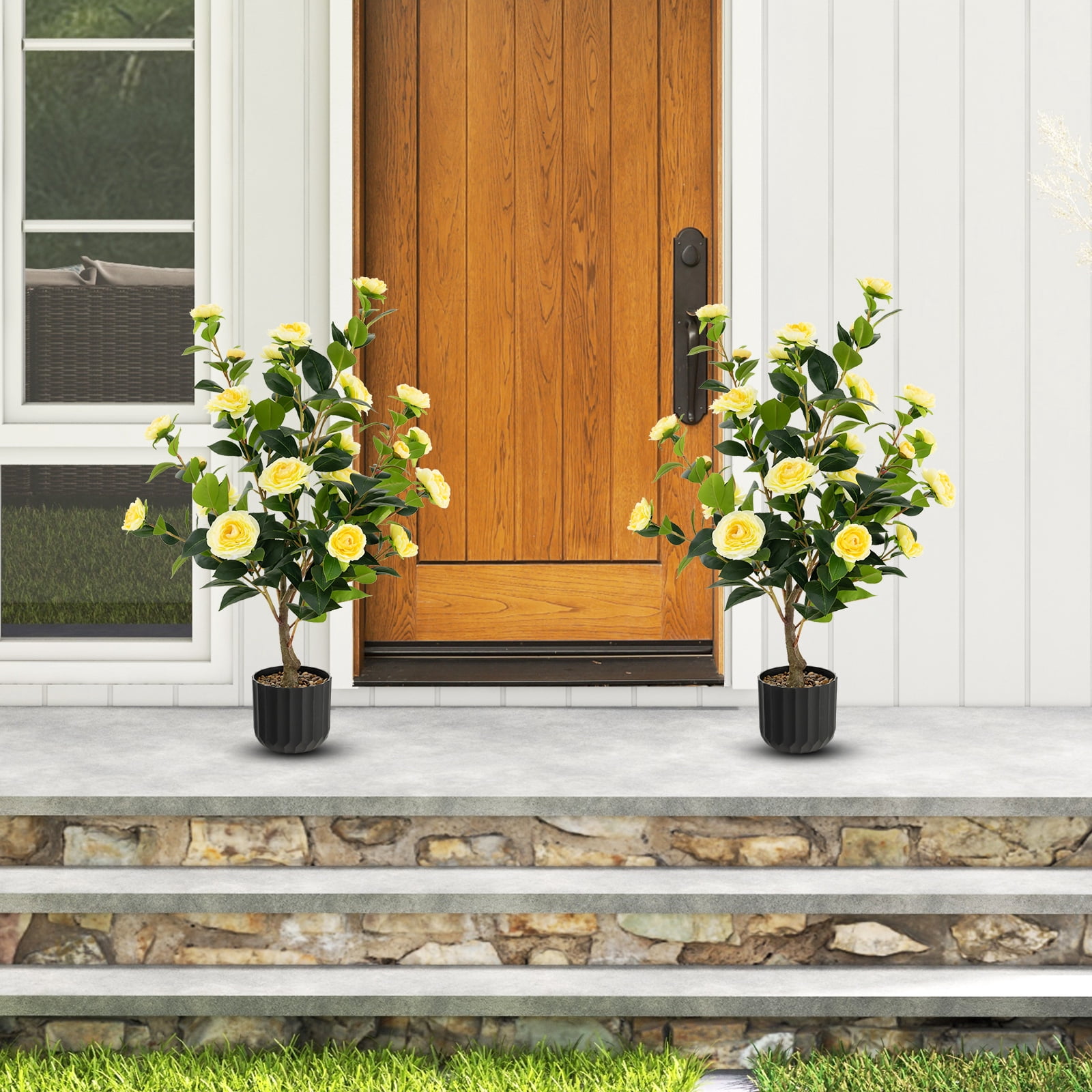 Costway 1 PCS 38" Artificial Camellia Tree Faux Floral Plant Fake Tree for Decoration Yellow