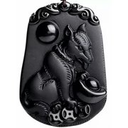EOEMY Natural Black Obsidian Chinese Zodiac Necklace Amulet Animals Pendant Bead Chain-Dog