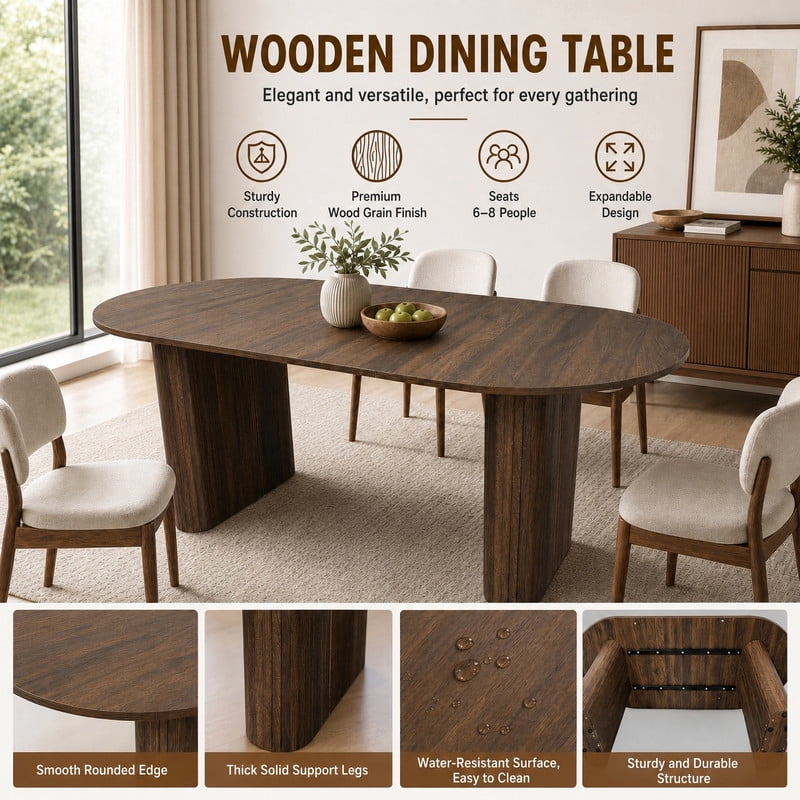 70.8" Long Oval Dining Table for 6-8, Large Wooden Kitchen Dinner Table with Striped Base & Non-Slip Foot Pads