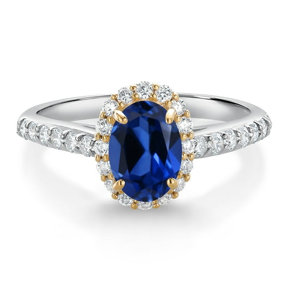 Gem Stone King 10K White Gold Blue Created Sapphire Lab Grown Diamond Halo Engagement Ring for Women (1.31 Cttw, Oval 7X5MM, Gemstone September Birthstone, Size 8)