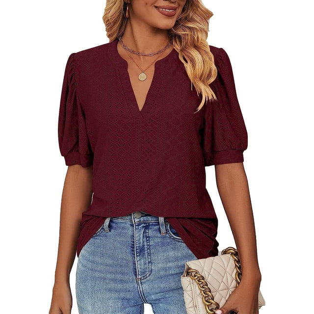 Camisas de mujer Casual con cuello en V Camisetas Puff Manga corta Verano Tops Túnica Blusas S-XXLWine RedXX-Large esquí esquí Gafas de esquí