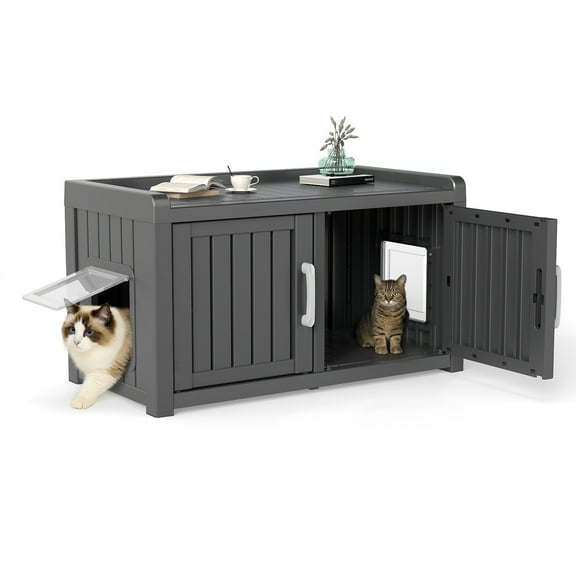 EasyUp Cat Litter Box, Resin Weatherproof Enclosed Litter Box with Dual-Door Design, Hidden Furniture for Indoor Home Use (Black)