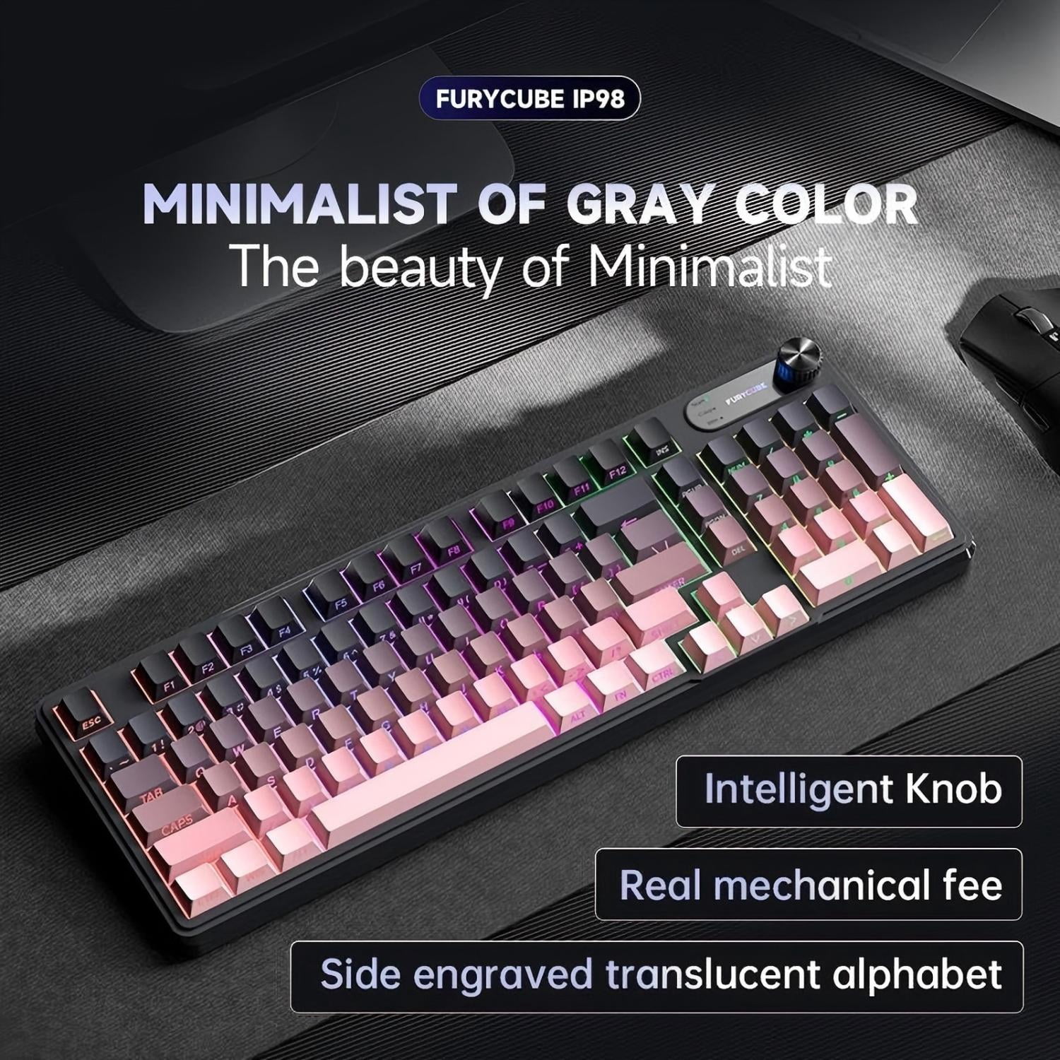 Rechale IP98 Mechanical Feel Keyboard, 98-Key Wired Gaming Keyboard, IPX8 Waterproof Side Printed PBT RGB Keycaps, 19-Key Anti-Ghosting (Black Pink)