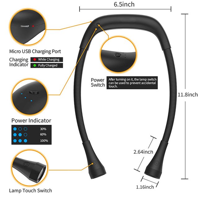 4LED Lámpara de cuello colgante 3 modos 2000mAh Lámpara de libro Lámparas de escritorio plegables (Negro) Hugtrwg Para estrenar