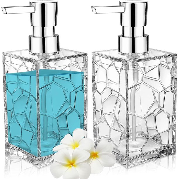 Dispensador de jabón acrílico, paquete de 2, botella dispensadora de loción y champú líquido rellenable de 11 oz para lavar platos a mano con bomba para baño, encimera, cocina