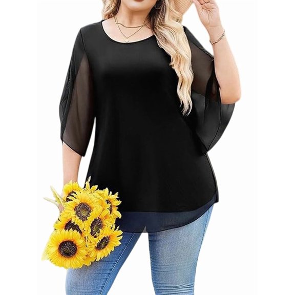Women's Plus Size Double Layer Chiffon Print Round Neck Flare Short Sleeve Top Black XXL
