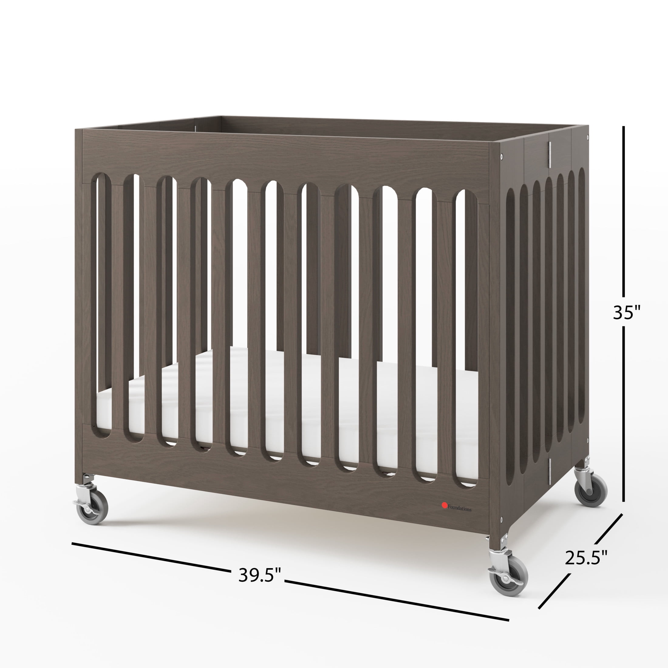 Foundations Boutique Folding Hotel Crib and Sheet Bundle - Includes Wooden Mini Crib with 3" Foam Mattress (Gray) and 6-Pack White Fitted Compact Crib Sheets