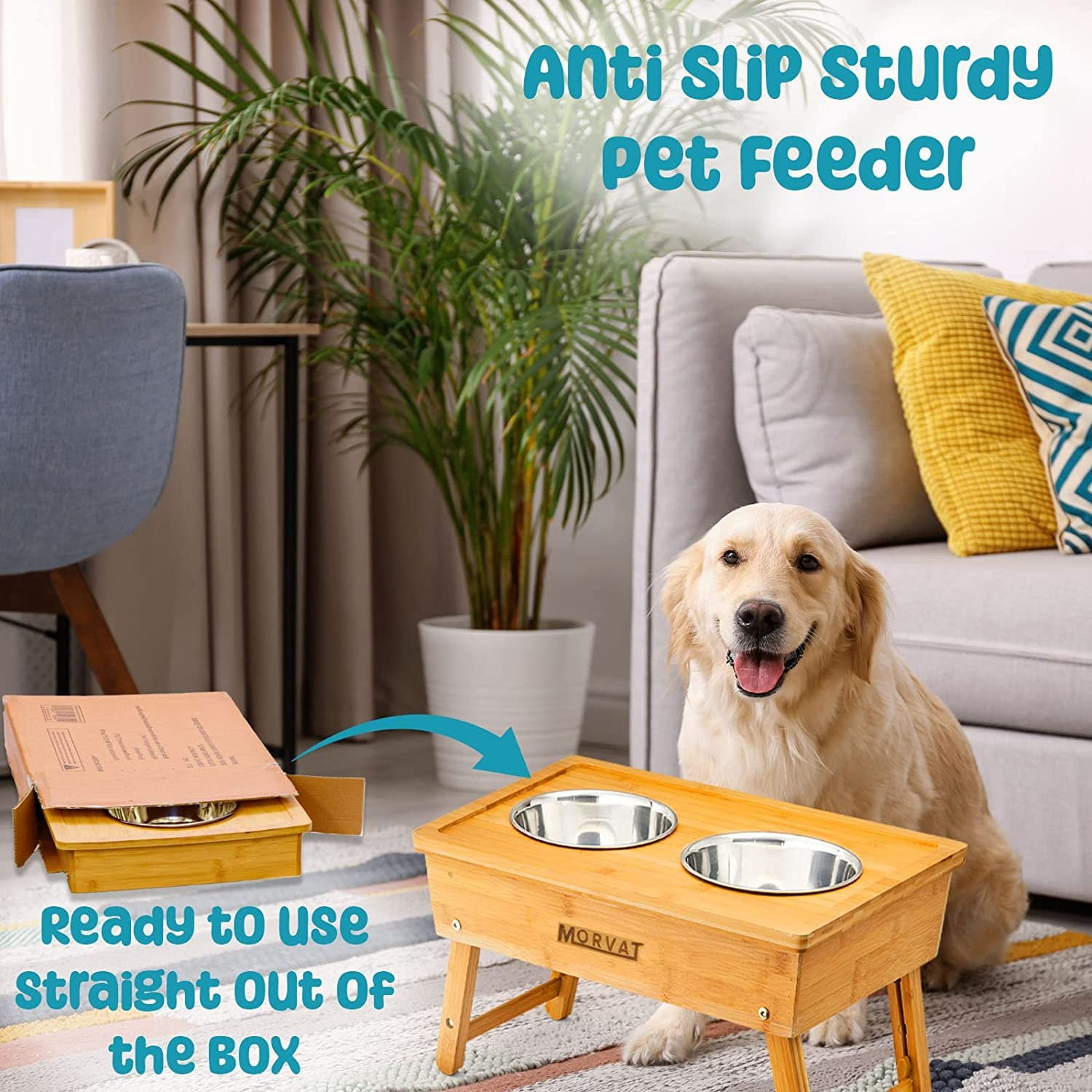 Morvat Bamboo Adjustable Height Double Dog & Cat Pet Feeder & 4 Metal Dish Bowls
