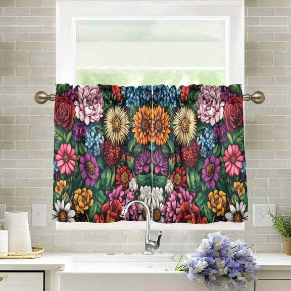 Yayeee Kitchen Curtains Light Filtering 27"x24" Rod Pocket Short Cafe Window Panel, Vibrant Flowers Pattern