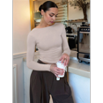 thumbnail image 4 of Womens Crewneck Long Sleeve Shirt Double Lined Basic Tees Side Ruched Going Out Crop Tops Gray L, 4 of 9