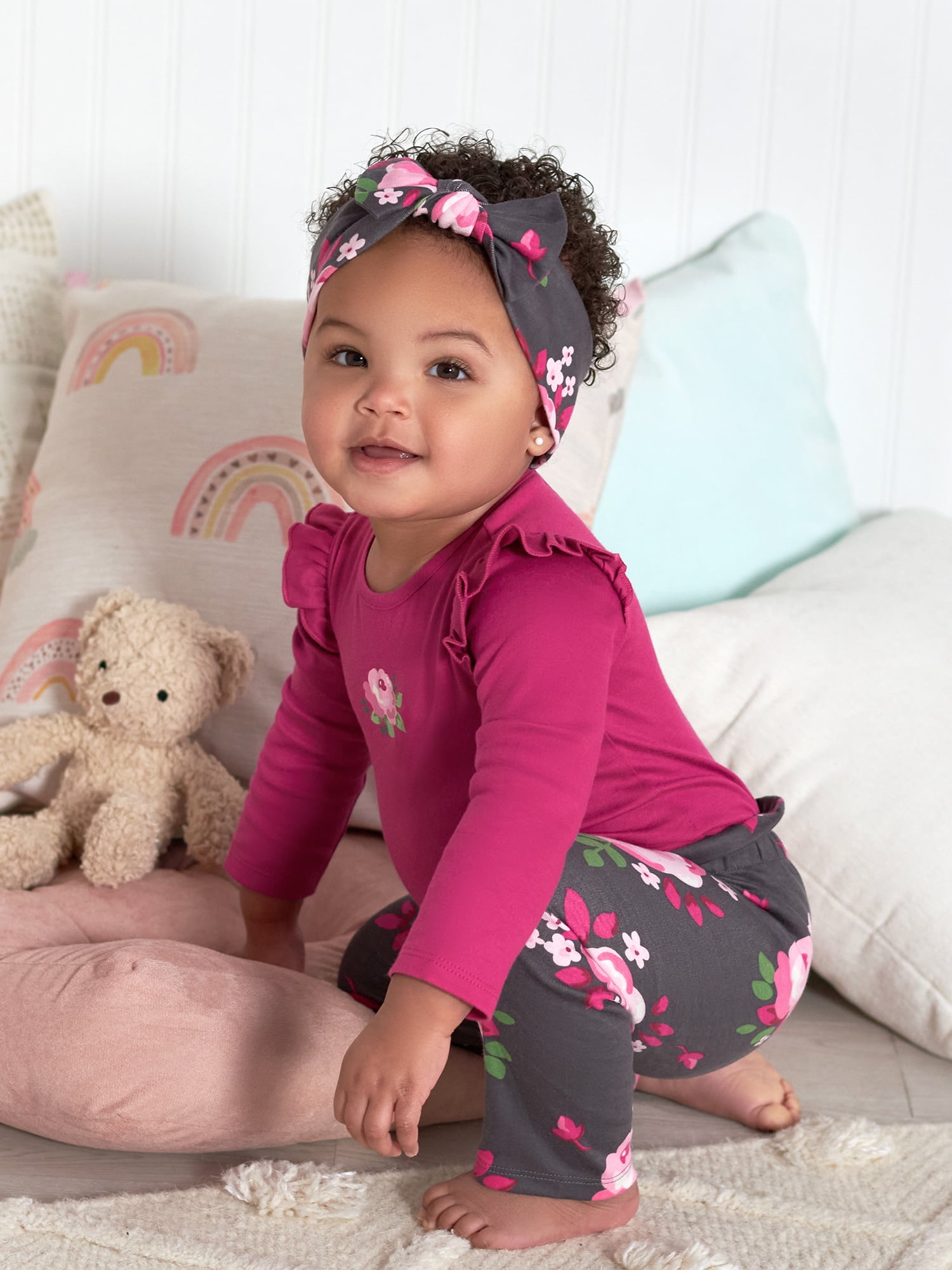 Gerber Baby Girl Long Sleeve Onesies Bodysuit, Pant & Headband Outfit Set, 3-Piece, (Newborn - 18 Months)