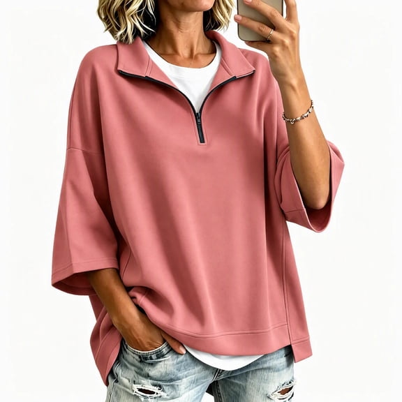 Guluxicc Women's Quarter Zip Sweatshirts Stand Collar 3/4 Sleeve Casual Loose Pullover Sweatshirts for Everyday Spring Fall Tops