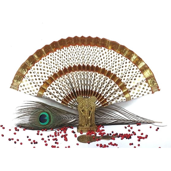 Swadeshi Desire™Vishu Kani kit of Small Guruvayurappan(9 cm), Thiru udayada(7″), mayilpeeli, Fancy Brass vaalkannadi and kunnikuru(red Lucky Seeds)