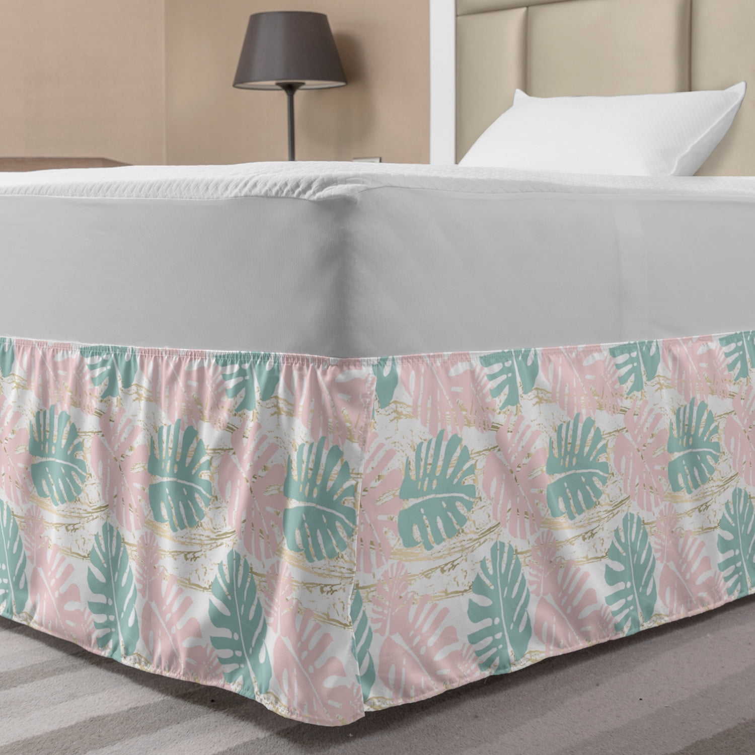 Blush Pink Bed Skirt, Tropical Pattern of Pastel Bicolour Monstera Leaves on Modern Stains