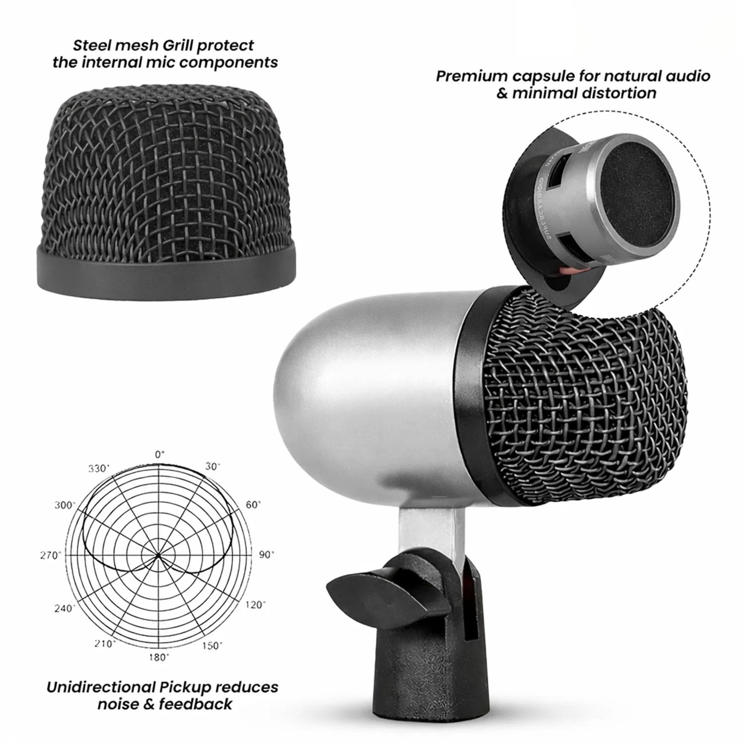 Bass Microphone, Portable Microphone, Clip-on Microphone, with Desktop Stand and XLR Interface, Suitable for Recording Studios and Concerts