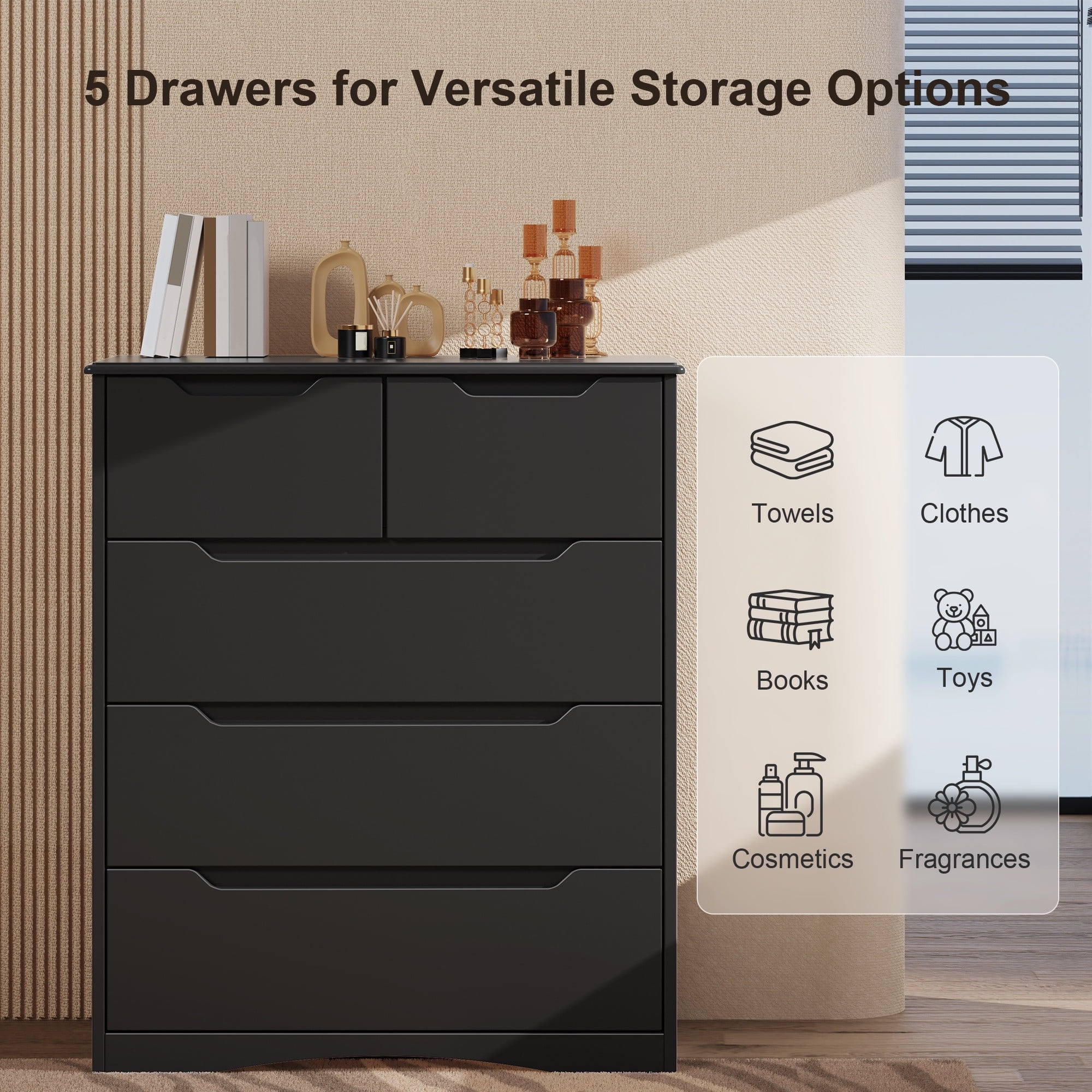 5 Drawers Dresser ,Wooden Storage Cabinet with Cutout Handles for Living Room|Hallway|Entryway|Guest Room,Black