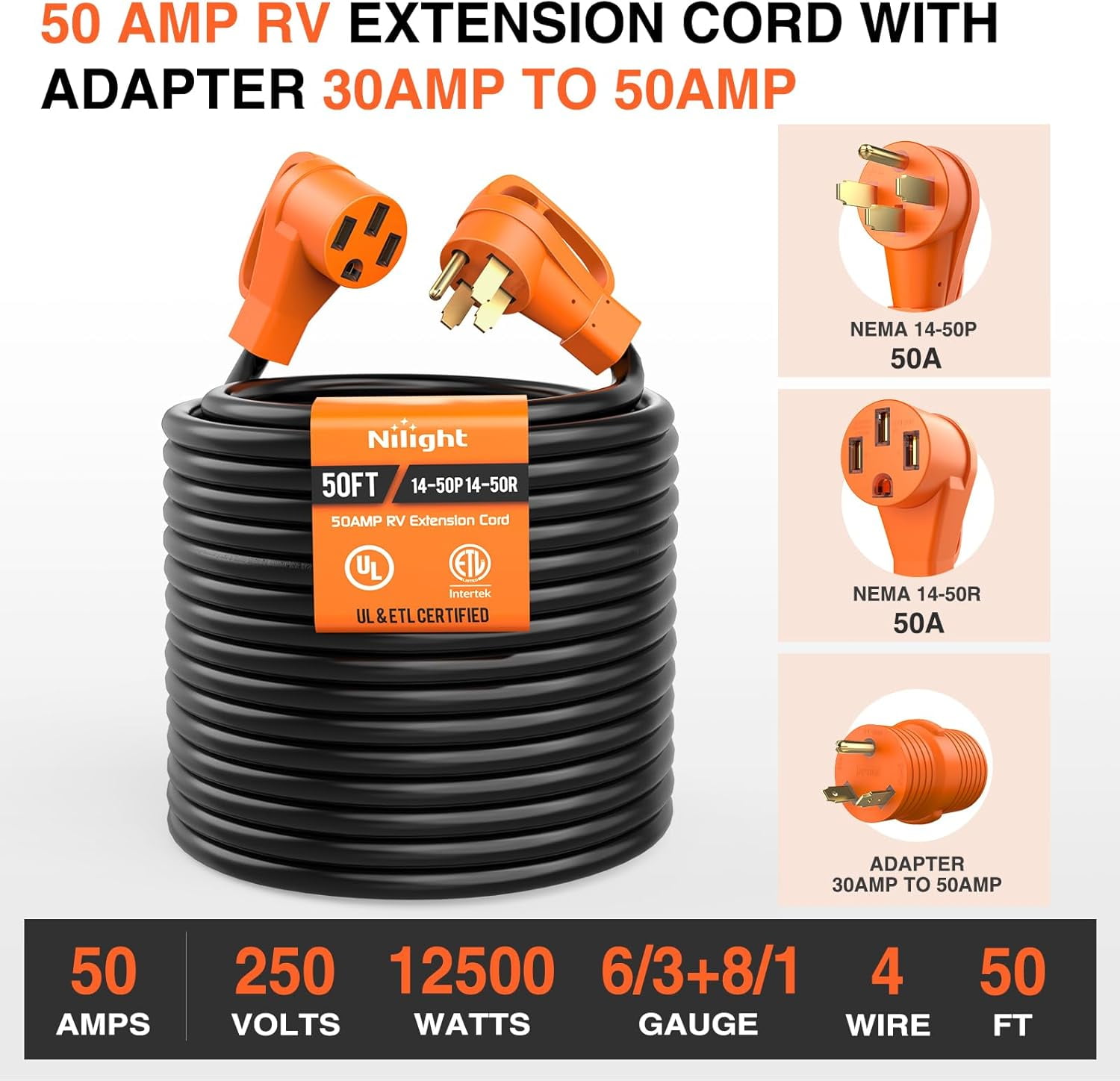 Nilight 50 ft Heavy Duty RV/EV Extension Cord Waterproof with Grip Handle, 4 Prong, NEMA 14-50P to 14-50R