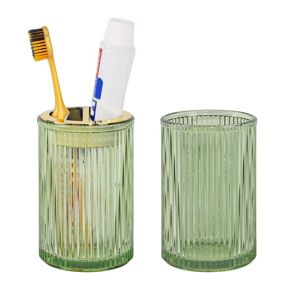 Toothbrush Holders for Bathrooms, 2pcs Glass Toothbrush Holder, 12oz Bathroom Tumbler and Mouthwash Cup, Tooth Brush and Toothpaste Organizer for Bathroom Vanity Countertop (Green Gold)