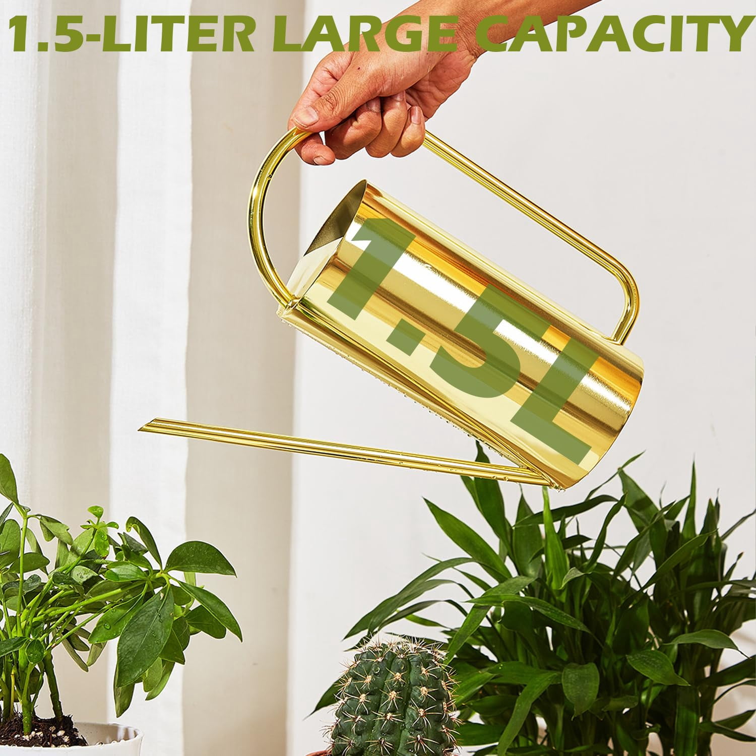 Watering Can, 50 oz/1.5L Stainless Steel Watering Can Pot with Long Spout, Garden Watering Cans with Comfortable Handle for Indoor House Plants Bonsai Flower Decorative - GOLD