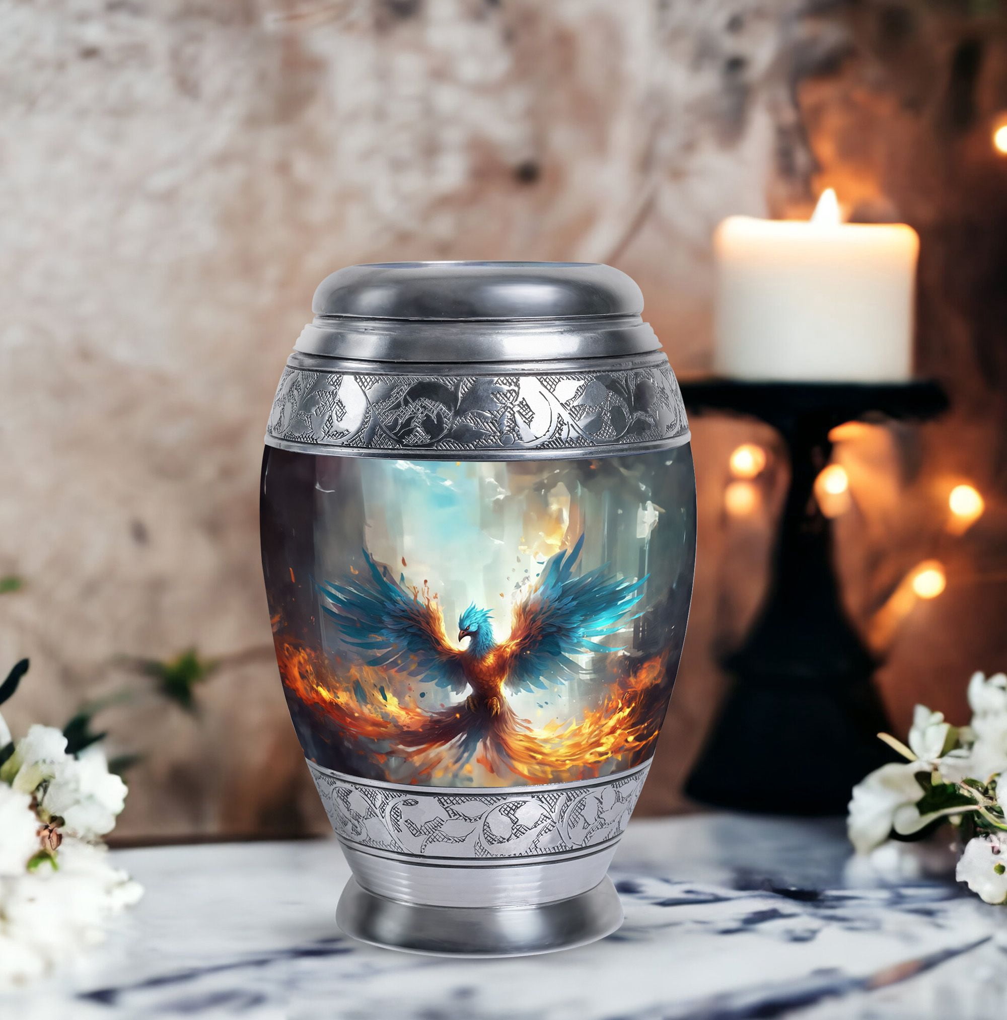 Yellow And Blue Phoenix Spreading Wings Large Urns For Human Ashes Adult - Cremation Urn Human Ashes - Memorial Urns For Human Ashes Adult Female & Male - Burial Ashes Urn (Size -10")