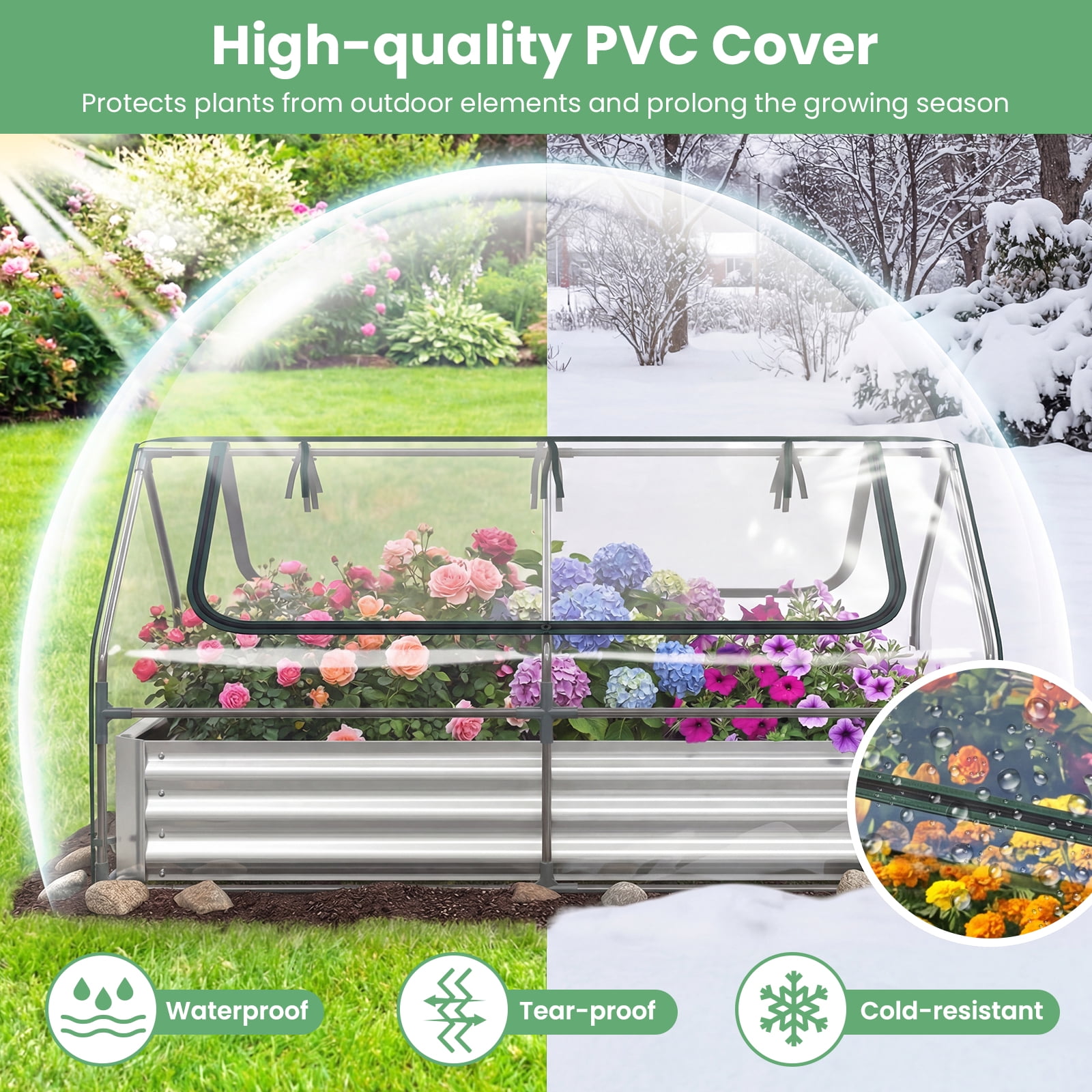 Gymax Galvanized Steel Raised Garden Bed Metal Planter Box Kit w/ Mini Greenhouse Cover