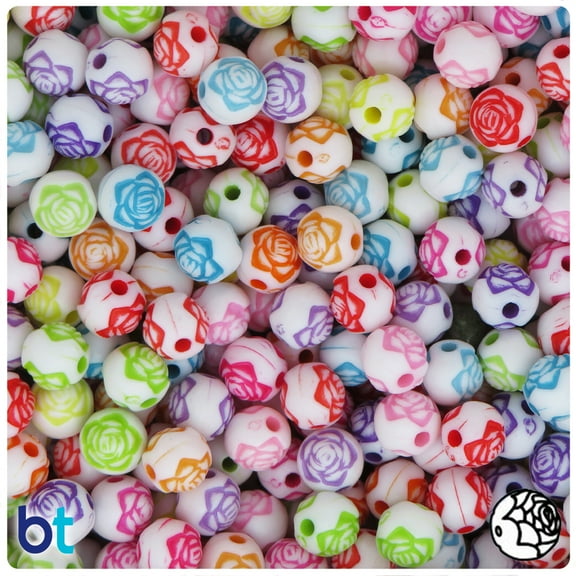 BeadTin White Opaque 8mm Round Plastic Accent Beads - Colored Rosebuds (150pcs)
