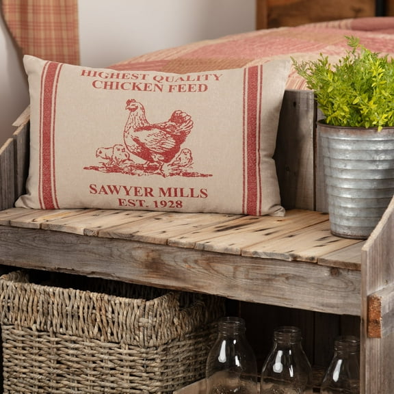 VHC Brands Sawyer Mill Hen and Chicks Pillow 14x22 Bedding Accessory, Chicken Feed, Country Red