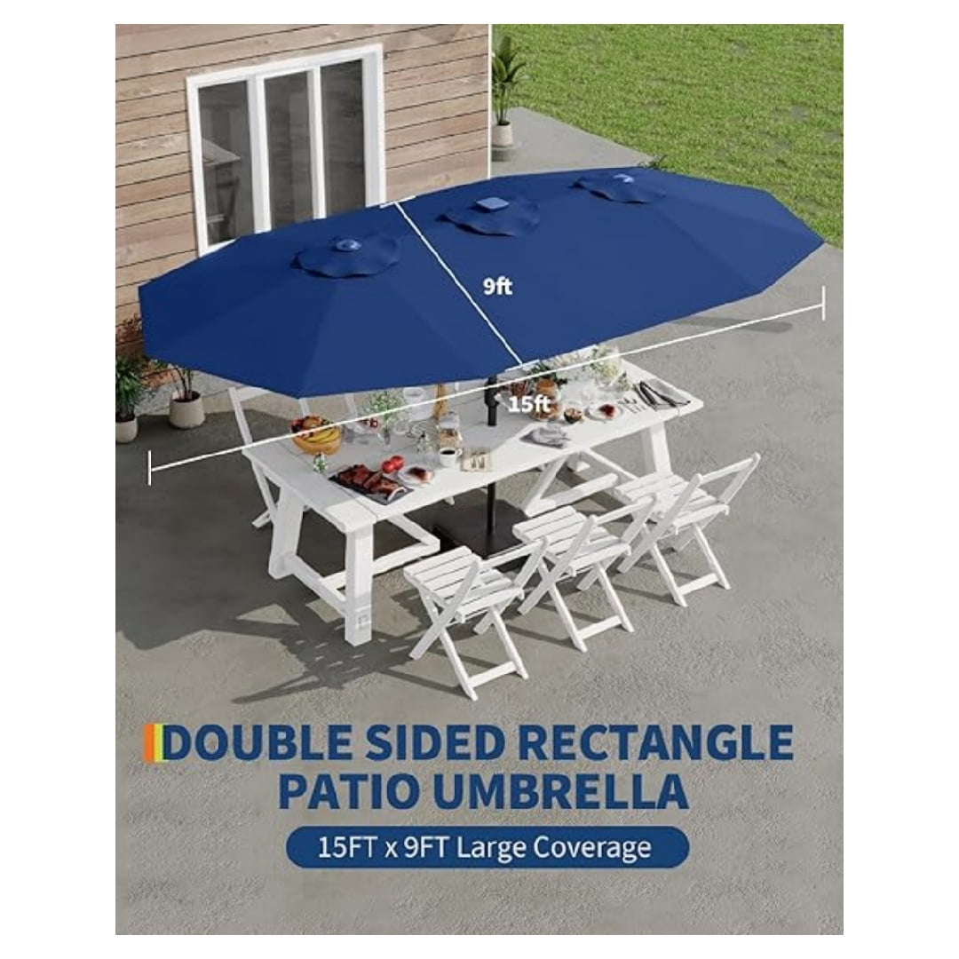 Heavy Duty 15FT Patio Umbrella with Weighted Base - Double-Sided Sun Shade for Outdoor Dining, Poolside, Backyard (Crank Handle, UV Blocking Fits 2-8 People)