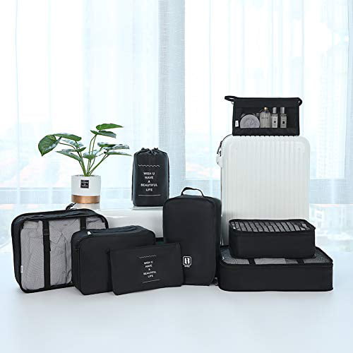 Black Belsmi 8 Set Packing Cubes with Toiletry Bag Waterproof Mesh Travel Luggage Packing Organizer Shoes Bag