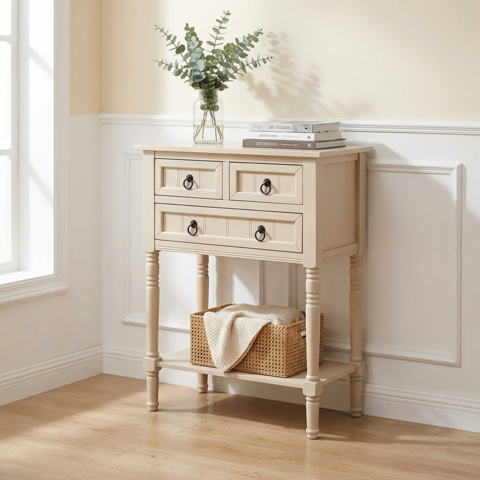 Furnibear Narrow Console Table with 3 Storage Drawers Open Bottom Shelf and Solid Wood Legs for Entryway Hallway and Living Room, Beige