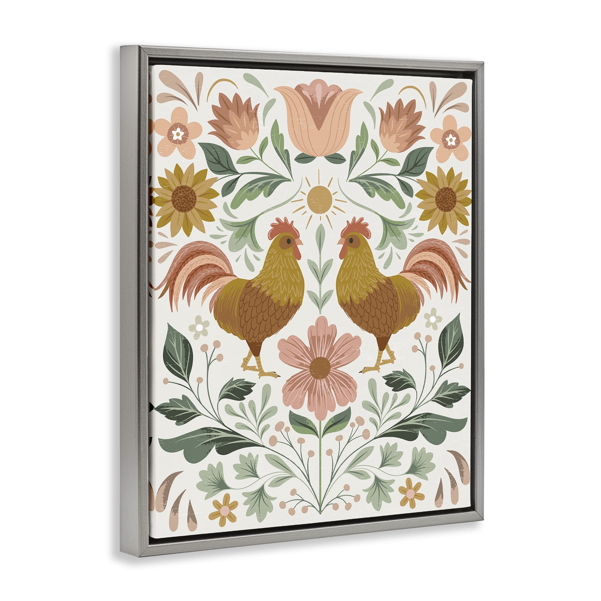 Stupell Industries Hen & Florals Pattern Animals Painting Gray Floater Framed Canvas Art Print Wall Art, 17 x 21