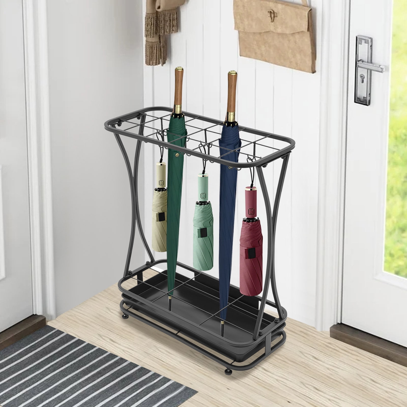 Patio Umbrella Holder Stand Outdoor Portable, Safe Indoor Umbrella Stand Rack with 18 Slots 20 Hooks, Sturdy Freestanding Parasol Umbrella Organizer for Home, Office, Entryway for Automated Umbrella